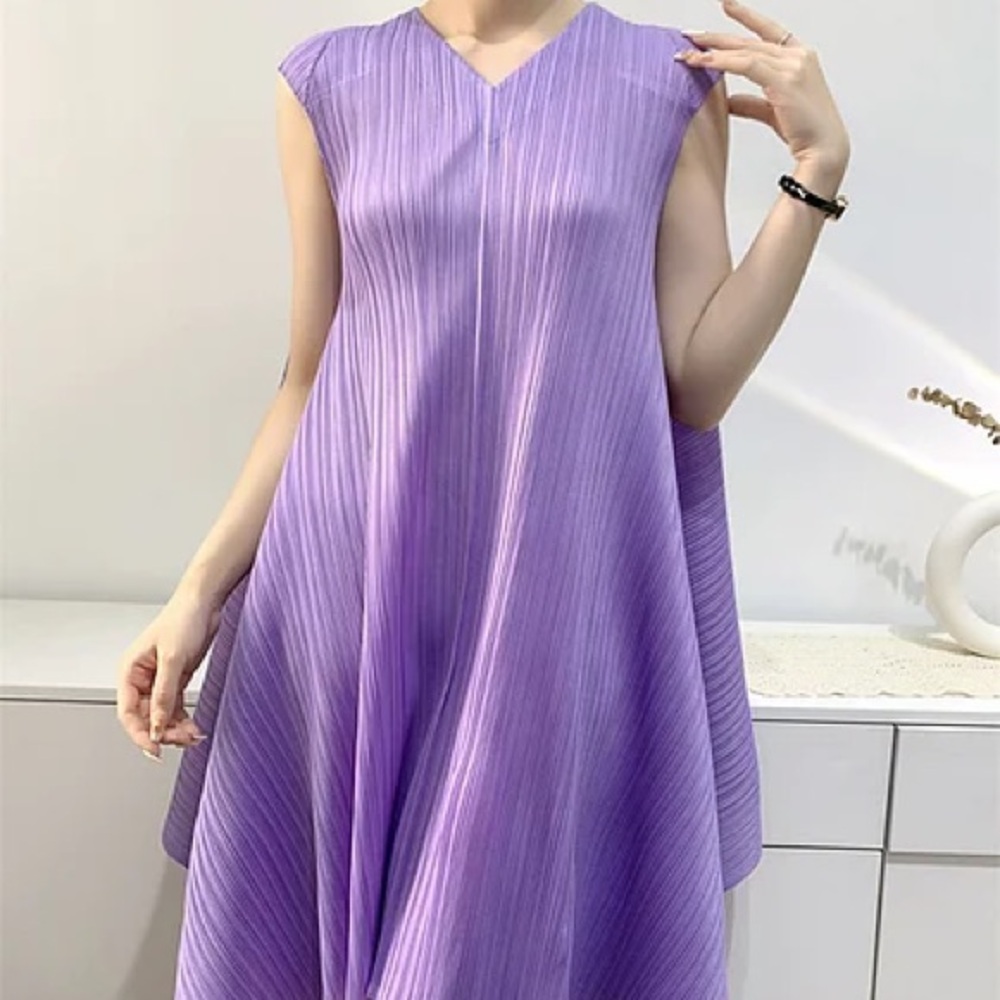 Pleated Purple Sleeveless Swing Dress, OS